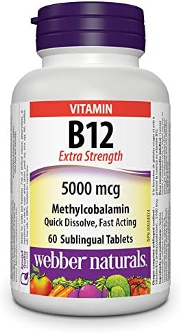 Webber Naturals Vitamin B12 5000 mcg, Extra Strength, Quick Dissolve, 60 Tablets, Supports Energy Production and Metabolism