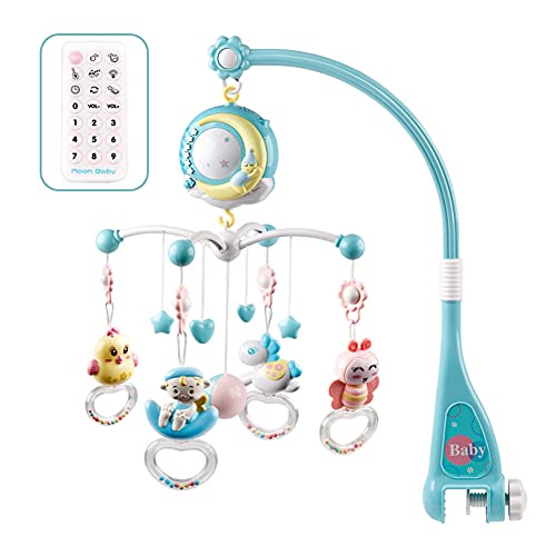 Juanya Mobiles pour Lit de Bébé Clochette Jouet Musical avec Hochet Suspendu Projecteur Veilleuse Boîte à Musique Jouet Rotatif pour Nouveau-nés avec Télécommande (Bleu)