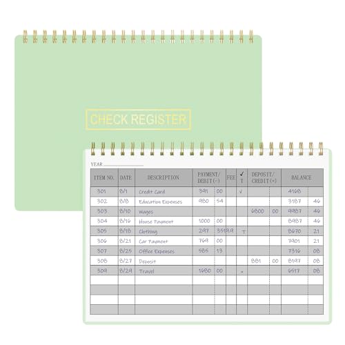 HAUTOCO Check Registers for Personal Checkbook, Transaction Expense Ledger Log Book for Small Business, Checking Account Register Book to Track Payments, Deposits, Finances, 8.4 x 6.2'', Green