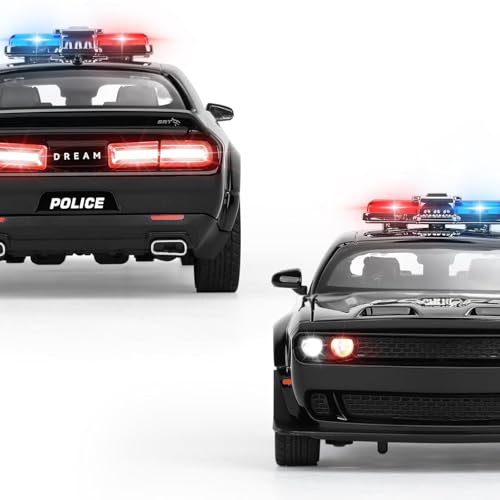 Image of 1 /24 Dodge Challenger Hellcat Model Car, Zinc Alloy Pull Back Toy car with Sound and Light for Kids Boy Girl Gift (Police Black)