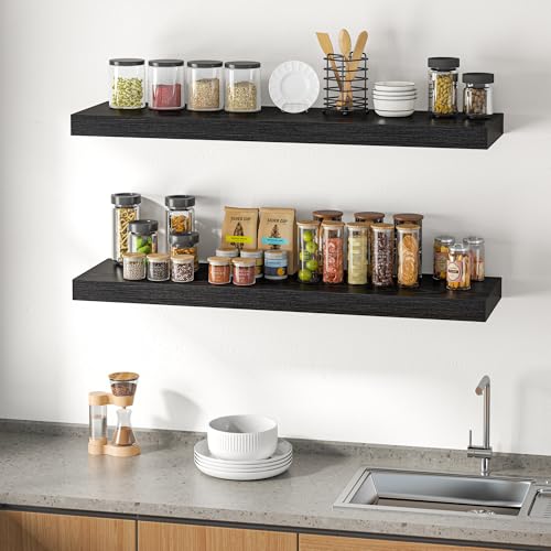 Image of Dreamland 48 inch Floating Shelves for Wall, 12 inch Deep Thicker Black Floating Shelves, Wall-Mounted Shelves for Bedroom, Living Room, Kitchen, Bathroom - Set of 2