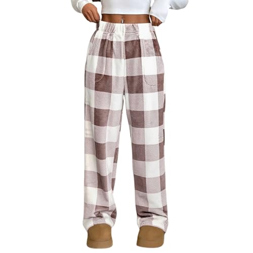 Checkered Plus Size Pajamas For Women 4X-5X Casual Winter Flannel Christmas Pajamas For Men And Women Fleece Wide Leg Soft Fashion Pj Travel Pants Plus Home Bottoms With Pockets Light Brown L