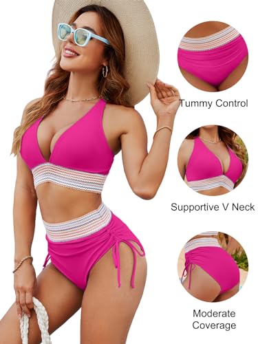 Image of Blooming Jelly Women High Waisted Bikini Sets Tummy Control Swimsuits Color Block Two Piece Drawstring Bathing Suit