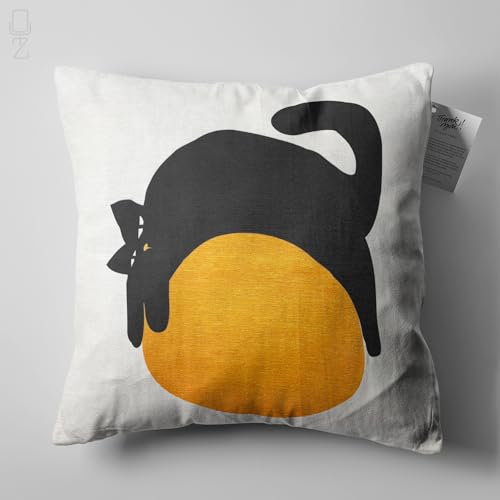OyzShop White Cushion Cover with Lazy Black Cat on the Orange Ball Design, Double Sided on the Soft Velvet Fabric with Multi Sizes, OEKO-TEX 60x60cm (24x24 Inches)