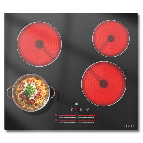 NOXTON Placa Vitrocerámica Empotrable 60 cm 4 Zonas, 6000W, Control Deslizante Táctil con Luz, Cerradura Infantil, Temporizador, Compatible con Todas las Ollas (220-240V, Conexión Directa)
