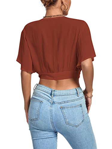 Image of LYANER Women's Sexy Deep V Neck Tie Front Wrap Cropped Blouse Bell Short Sleeve Ruffle Crop Tops