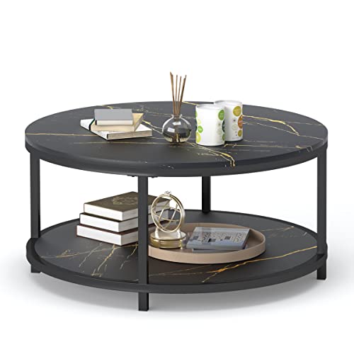 Wiberwi Round Coffee Table Black Coffee Tables For Living Room 35.8" Faux Marble Top Circle Table Furniture Sturdy Metal Frame Legs Cocktail Table With Storage Open Shelf #TOP7