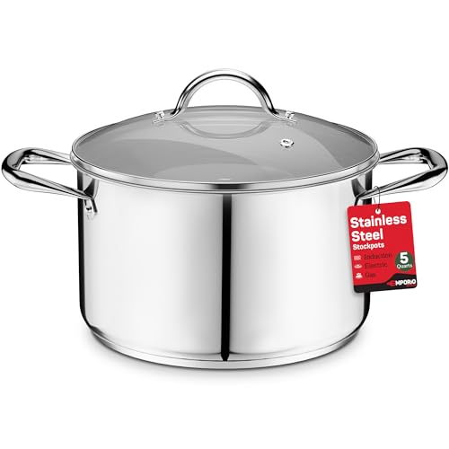 Stainless Steel Stockpot with Tempered Glass Lid 5 Quart, Durable 18/0 Stainless Steel, Impact-Bonded Base for Even Heating, Riveted Handles, Oven & All Stove Compatible, Safe Up To 500°F (260°C)