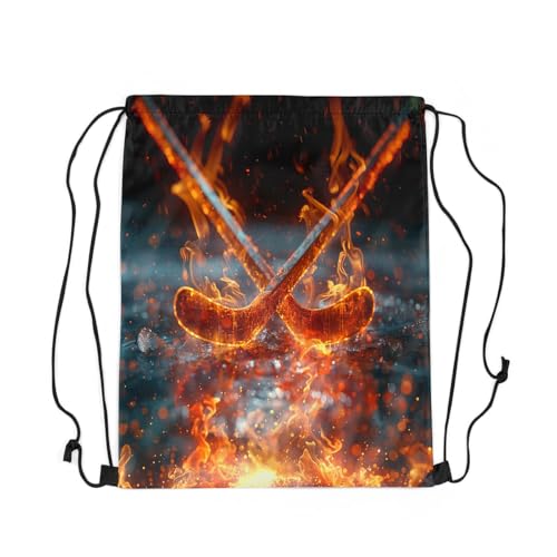 Erosebridal Ice Hockey Draw String Back Bag,3D Hockey Puck Drawstring Bags for Sport Yoga Camping,Red Flame Reversible String Backpack,Winter Hockey Games Drawstring Backpack 13X15.73