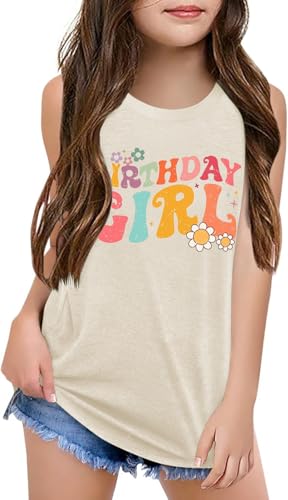 Image of Qbily Tank Tops for Girls Kids Summer Casual Cute Sleeveless Crewneck Graphic T Shirt 5-14 Years