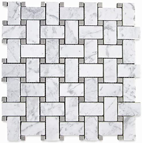 Tenedos Carrara White Marble 1x2 Basketweave Mosaic Tile Pastel Gray