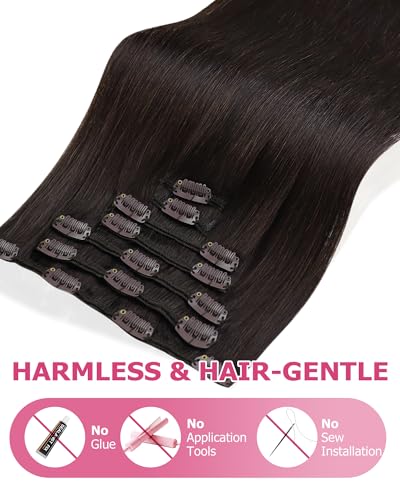 Image of YoungSee Clip in Hair Extensions Darkest Brown 135g Real Human Hair Clip-in Hair Extensions for Women, Thick Hair Clip in Extensions for Full Head 16Inch 7Pcs