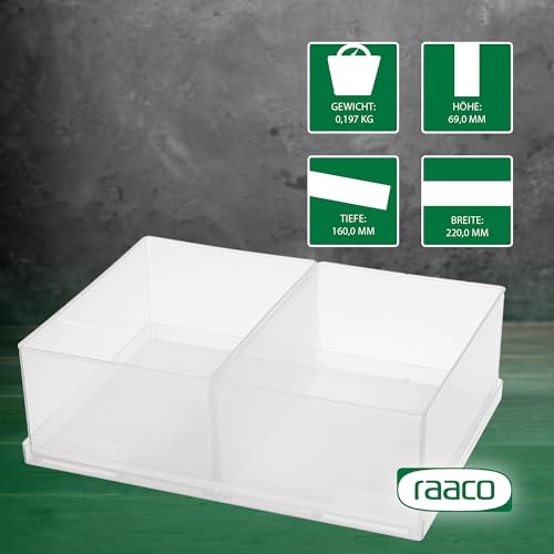 Raaco Einsatzkasten 80 2xBA6-1, Tablett mit 2 Einsätzen, Transparenter Sortierkasten für Kleinteile, Sortierboxen, Schubladen & Kleinteileaufbewahrung, Leicht zu Reinigen, 16 x 22 x 6,9 cm