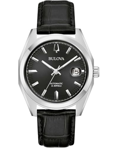 Bulova Surveyor 96B435 Montre Automatique pour Homme avec Bracelet en Cuir Noir Étanchéité 3 Bar Diamètre du boîtier 39 mm