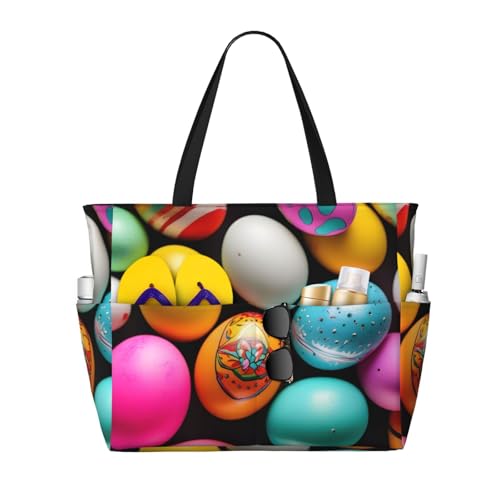 Easter Eggs Print Foldable Lightweight Family Beach Bag for Men Women Beach Tote Bag Portable Gym Bag