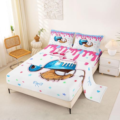 Image of Castle Fairy Baseball Cap Bed Sheets Queen Size,Ice Cream Cherry Dessert Bedding Set, Game Sports Graffiti Boys Girls Room Decor,Bule Sheet(Fitted+Flat+2 Pillowcases)