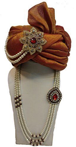 J.tushar Wedding safa/Turban/pagdi for Men Maroon & Gloden Color Dulha Marriage pagdi for Bridegroom.with Pearls Mala Gold