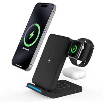 Carregador por Indução, Carregador Sem Fio 15W 3 em 1, Compatível com iPhone 16/15/14/13/12/11 (Pro, Pro Max)/XS/XR, Apple Watch e AirPods, Versão Atualizada com Função Dobrável (Preto)