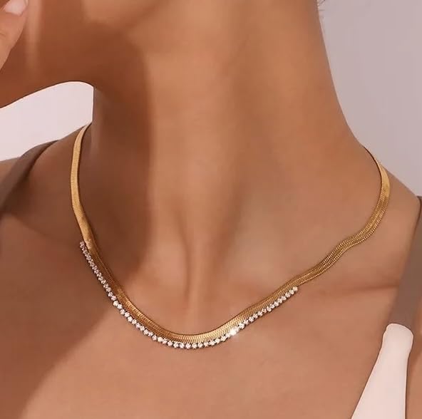 Chunky Gold Zircon Necklace for Women 18K Gold Plated Stainless Steel Waterproof Chain Tarnish Free Herringbone Gold Dainty Cute Choker Jewelry Gift for Women's Wife Friend 3.9 MM Wide 40+5 CM Long by Madornio - Used condition - Image 7