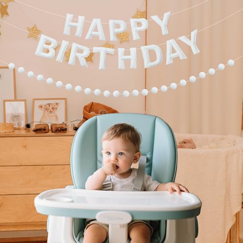 Image of 2 PCS Pre-Strung 3D Felt Happy Birthday Banner - White Theme Birthday Decorations Sign, Pom Pom Garland, Reusable Party Decor, Photo Prop(White)