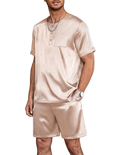 Image of Ekouaer Mens Pajamas Set Silk Satin Pjs Sets Summer Short Sleeve Button Down Sleepwear 2 Piece Loungewear with Pockets