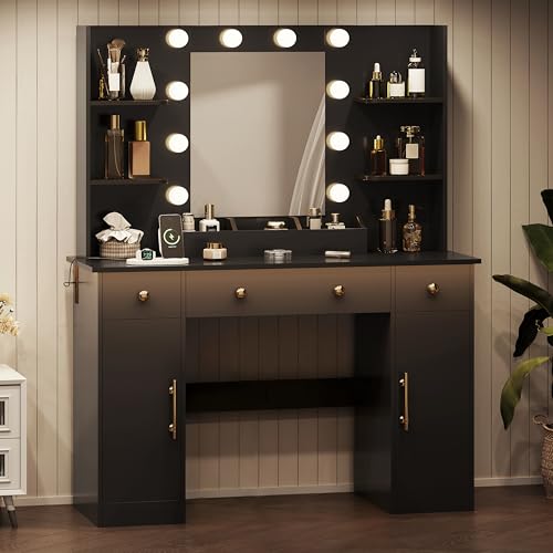 Image of HUANLEGO Vanity Desk with Mirror and Lights, Makeup Vanity with Mirror and LED Lights & Power Outlet, 3 Drawers and Cabinets, 3 Lighting Modes Dressing Table Set for Girls Women Bedroom,Black