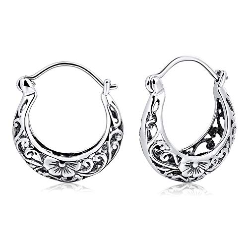 BALMORA 925 Sterling Silver Vintage Filigree Hoop Earrings for Women Floral Flower Heart Clip-on Small Huggie Hoop Earrings Lightweight Oval Hoop Earrings Jewelry Christmas Gifts for Mom