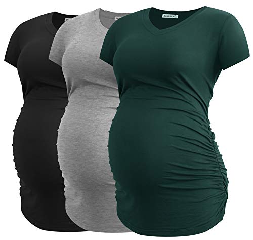 Smallshow Femmes V Cou Maternité Vêtements Haute Qualité Grossesse T Shirt 3-Pack,Black-Deep Green-Light Grey,M