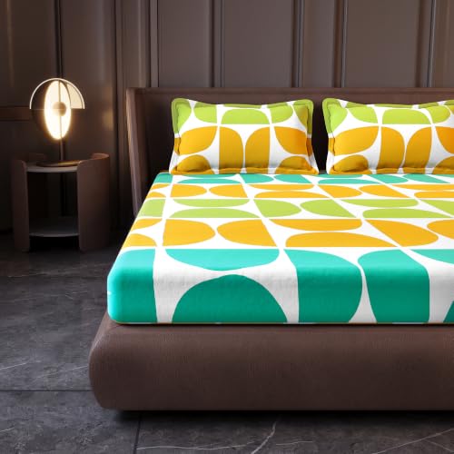 Image of Divine Casa Cotton King Size Bedsheet | 210 TC Soft Breathable Pigment Twill Satin Bed Sheet with 2 Pillow Covers | Luxury Bedding Set | 275 x 275 cm (Green & Blue, Gemetic)