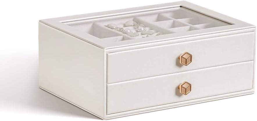 CASEGRACE Jewelry Box for Women with Glass Lid - Leather Jewelry Storage Organizer 2 Drawers for Necklaces, Rings, Earrings & Bracelets, Ideal Gift (White, 2 Layer)