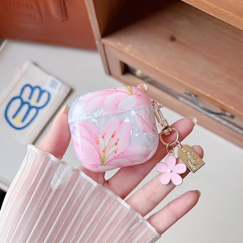 Image of MINSCOSE for Cute Glitter AirPods 4 Clear Case,Flower and Butterfly Shell Pattern Design with Trendy Floral Keychain,Soft TPU Protective Cover with Cleaner Kit for AirPods 4-Pink