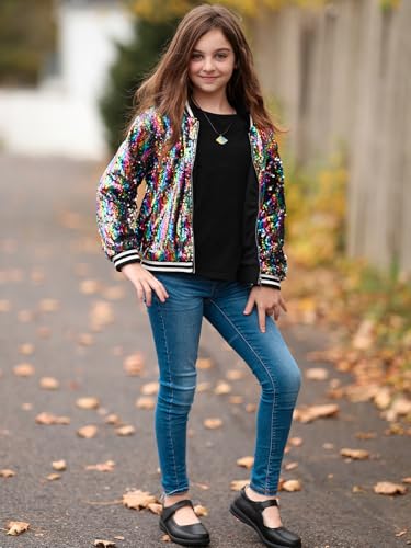 Image of LOLANTA Girls Sequin Jacket, Long Sleeve Kids Bomber Coats with Pockets, Spring Fall Outfits for 4-15 Years