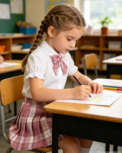 Image of Betusline Girls Skirt Set JK School Uniform 2-Piece Outfit - Short Sleeve Shirt with Bow & Pleated Skirt 4T-14Y