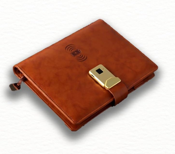 Image of Wireless Powerbook Folder With Wireless Charge Built- (8000 MAH) | Biometric Powerbook Notebook Diary for Girls Men & Women (LIGHT TAN)