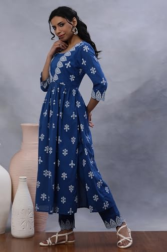 Image of W for Woman W Women Blue Geometric Print Cotton Kurta & Straight Pant