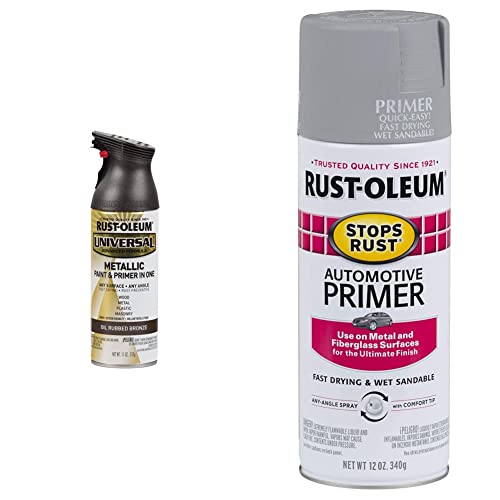 Rust-Oleum 249131 11 oz Universal All Surface Spray Paint, Oil Rubbed Bronze Metallic & 2081830 Stops Rust Automotive Primer, 12 Ounce, Light Gray, 12 Fl Oz