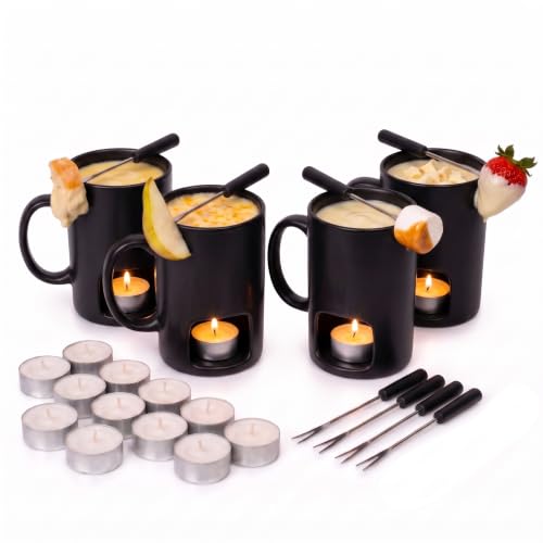 Image of Evelots Mini Fondue Pot Set - 4 Pack Ceramic Fondue Mugs for Chocolate, Cheese and Candy with 8 Forks and 16 Candles - Mothers Day Gifts for Mom, Romantic Date Night Gift - Black | Serve chocolate or cheese fondue for date nights, parties and Mother's Day; includes 4 mugs, 8 forks and 16 tealight candles.