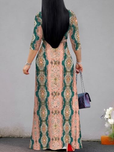 Image of PinkPatty Plus Size Maxi Dress for Women Casual V Neck 3 /4 Sleeve Boho Printed Long Dress with Pockets