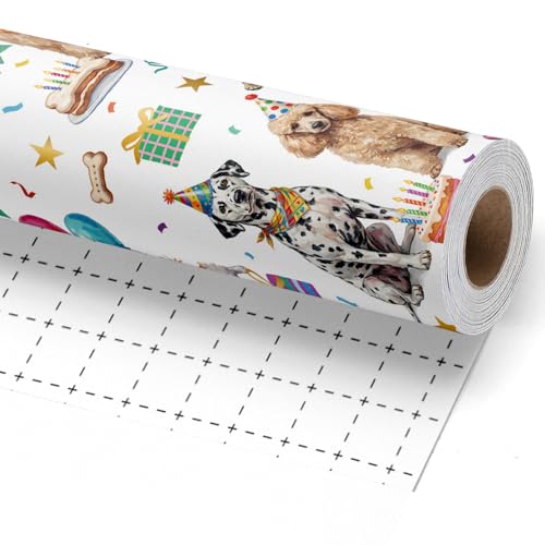 BIOBROWN Dog Birthday Wrapping Paper Roll - 17 Inches X 33 Feet - Cute Puppy with Hats Balloons & Gifts Design Gift Wrap Paper for Boys Girls Dog Lovers Baby Shower Holiday Pet Party