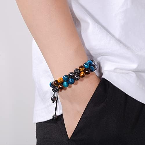 VGWON Mens Crystal Bracelet 8mm Blue Tiger Eye Obsidian Natural Stone Beads Triple Protection Bracelet Christmas Valentine's Day Father's Day Gift to Bring Luck and Prosperity