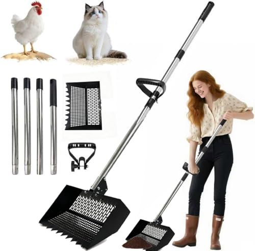 Chicken Poop Scooper and Rake 2-in-1 12” Wide Metal Coop Scoop for Sand Sifting Shovel with 22