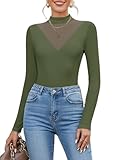 Avidlove Women's Long Sleeve Bodysuit Mesh Mock Neck Shapewear Leotard Going Out Tops Fall Outfits Army Green M