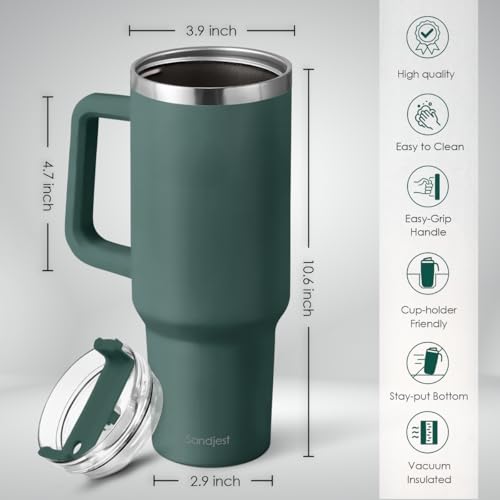 Image of SANDJEST Stainless Steel Insulated Tumbler with Handle 40oz With Lid and Straw, Coffee Travel Cup for Men Women Friends Family, Gifts for Christmas Birthday (Hunter Green)