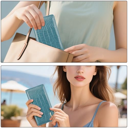 Image of Wallet Women Bifold Faux Crocodile Leather Slim Thin Long Wallets | RFID Blocking, Alligator Texture, Luxury, Credit Cards Holder, Female Woman Ladies Purse,Zipper Coin Pocket, Cadet Blue Croc