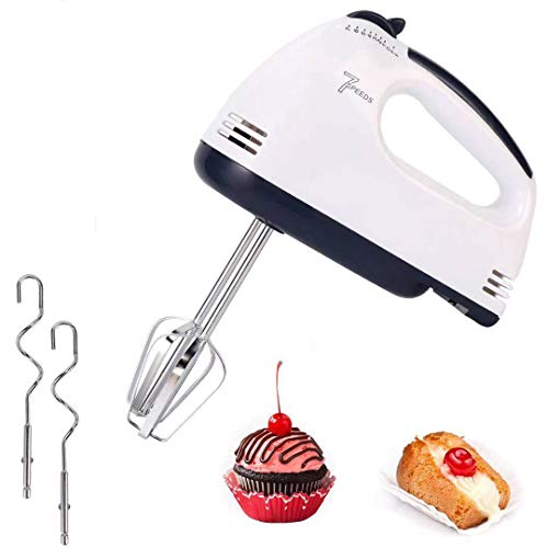 Hand Held Mixer Electric Whisk 7-Speeds Portable Hand Mixer Food Baking Mixers with 2 Beaters 2 Dough Hooks Mini Egg Cream Food Beater for Kitchen Making Caket (White)