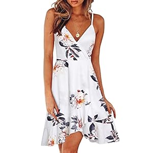 ULTRANICE Womens Summer Floral Wrap V Neck Sundress Adjustable Spaghetti Ruffle Swing Dress