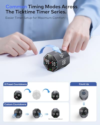 Image of Ticktime Pomodoro Timer, Productivity Timer, Typical & Customizable Pomodoro, Quick-Flip Countdown, 3 /5 /10 /15 /30 /45 /60Min Presets, Stopwatch, Rechargeable, Silent, Sound & Vibration, Magnetic, Gray