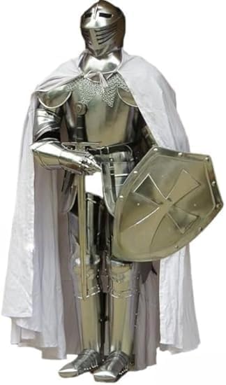 Wearable 6ft Knight Suit of Armor – Medieval Reenactment Costume with Shield, Cape & Chainmail – Silver, One Size