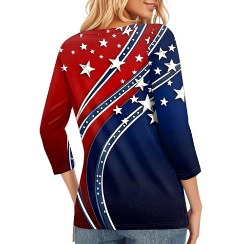 Image of 4th of July Shirts Women 3 /4 Length Sleeve Womens Tops Henley Neck Casual Patriotic T Shirts