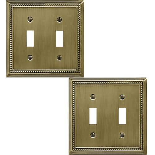 OKAWYC Double Toggle Light Switch Cover Belaire Beaded Metal Wall Plate, 2-Pack Antique Brass 2 Gang, for Light Switch Cover Decorative Wallplate, Durable